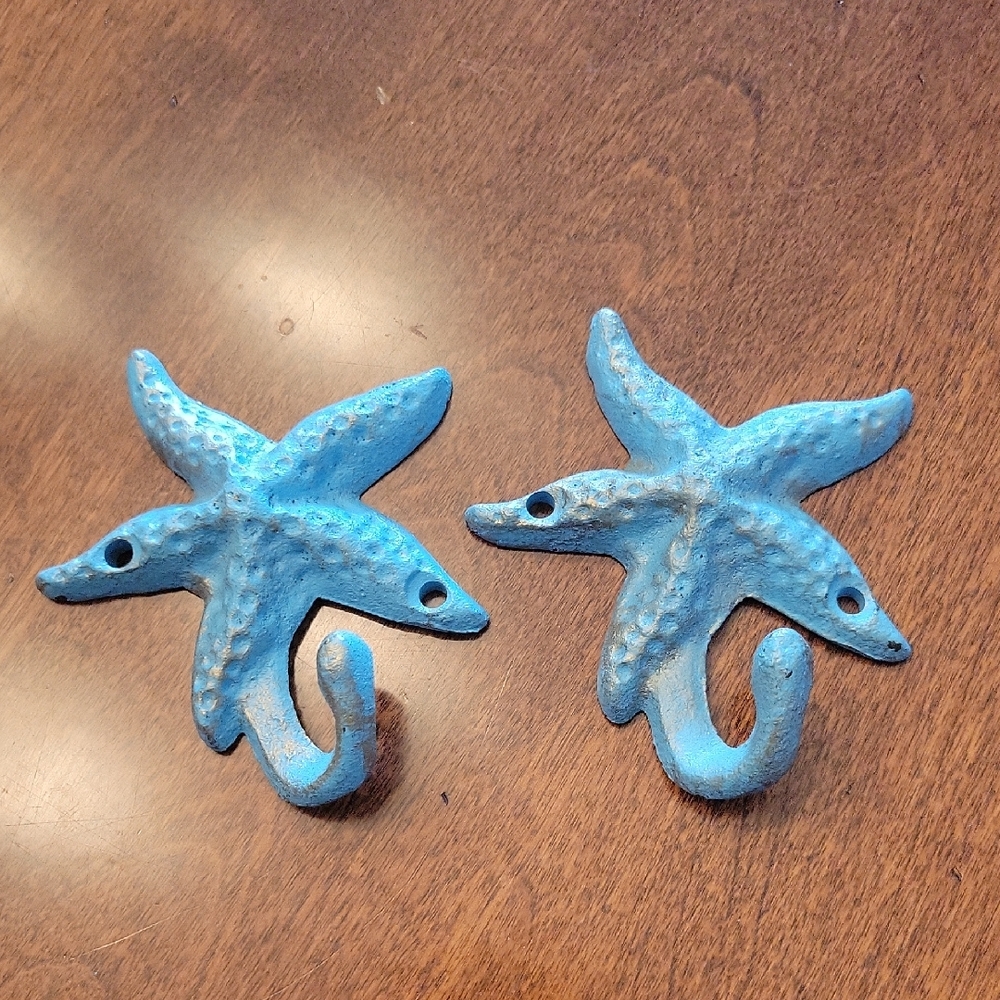 Wall Hooks Heavy Metal Blue Starfish with Touch of Antique Brushed Gold accent